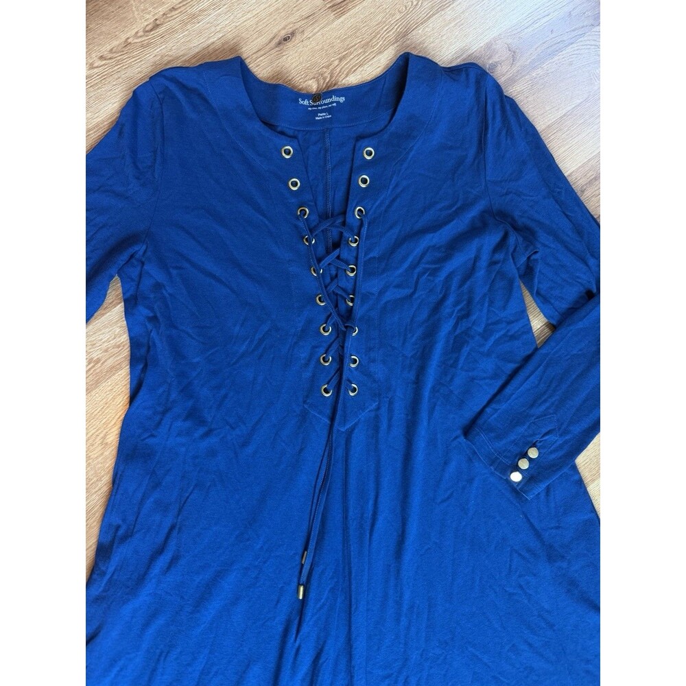 Soft Surroundings Petite L Royal Blue Lace Up Maxi Dress Long Sleeve Womens Boho - Picture 2 of 9